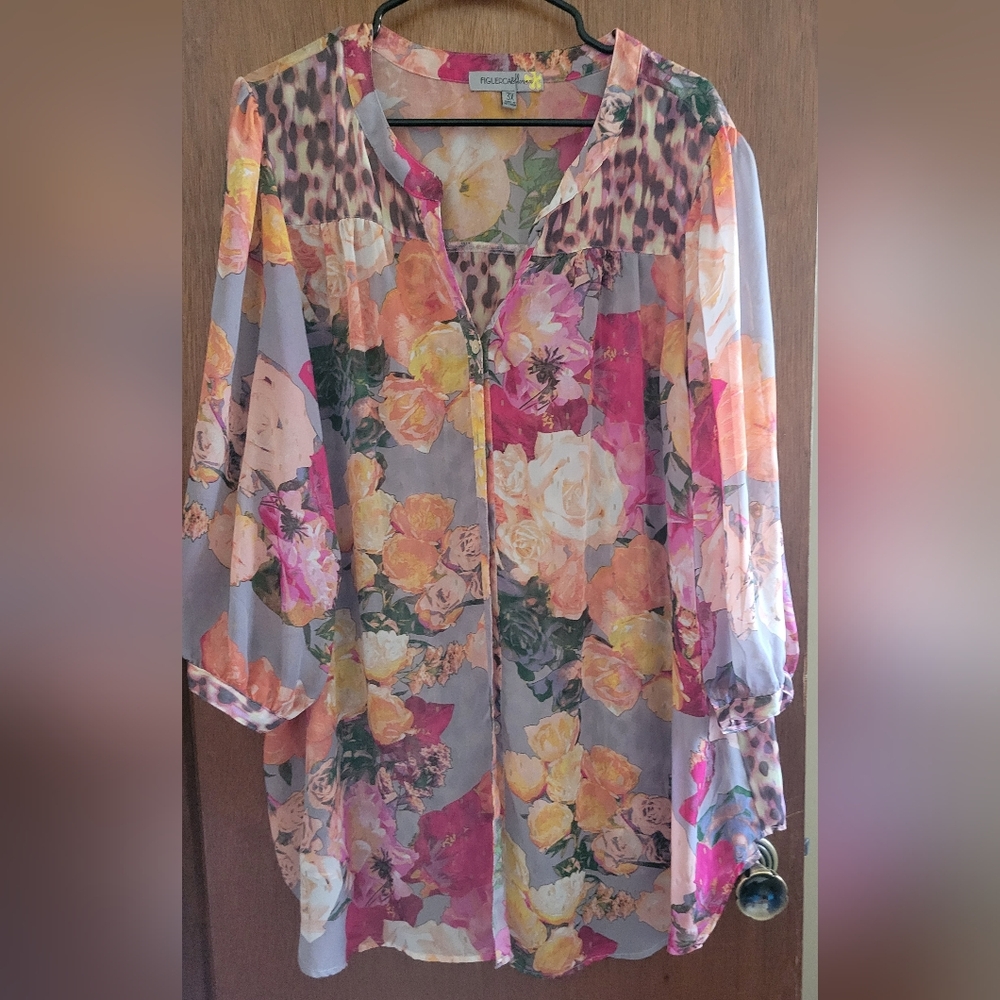 Floral Sheer Button-Front Women’s Blouse - Gray Multi